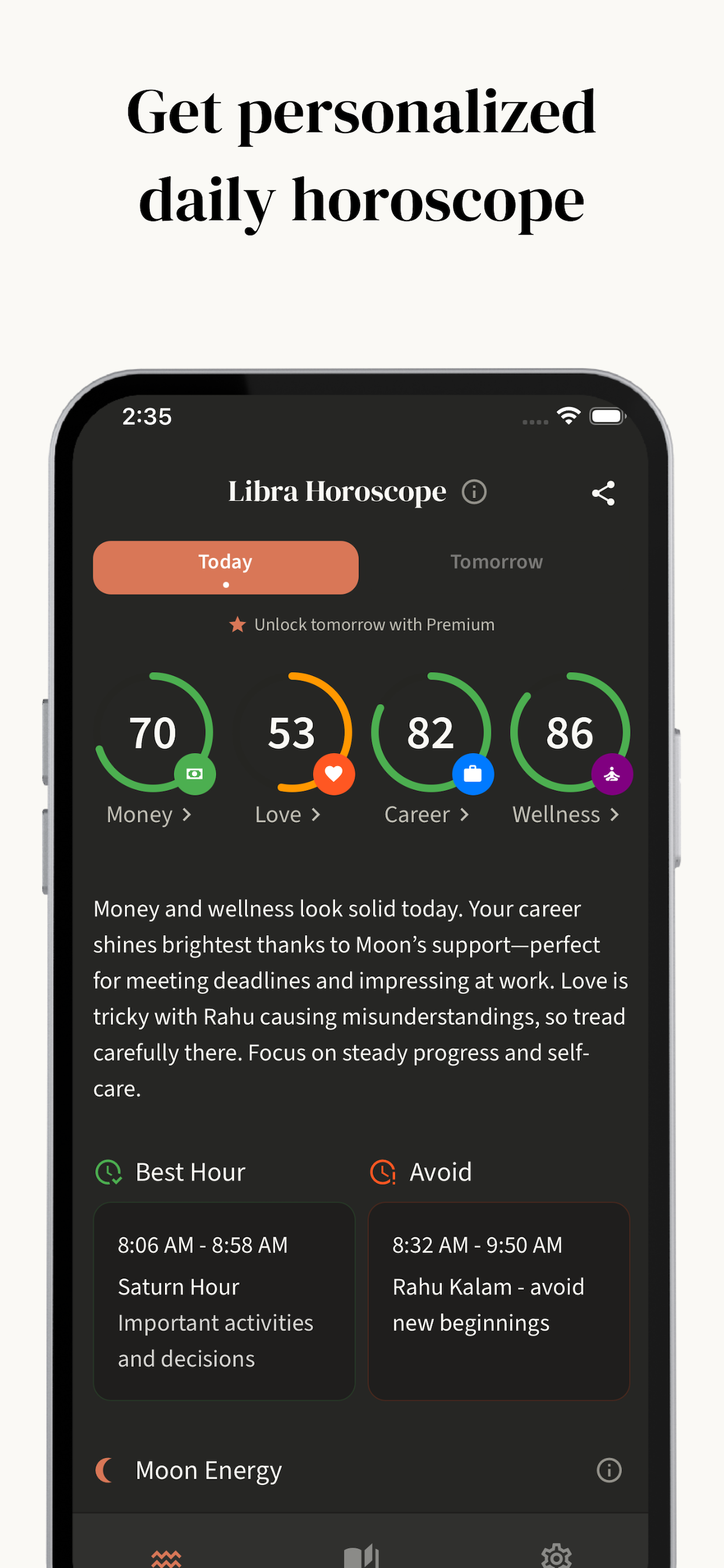 Daily horoscope with Money, Love, Career, Wellness scores